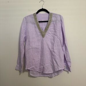 120% Lino Crystal Beaded V Neck Blouse Purple 42 S